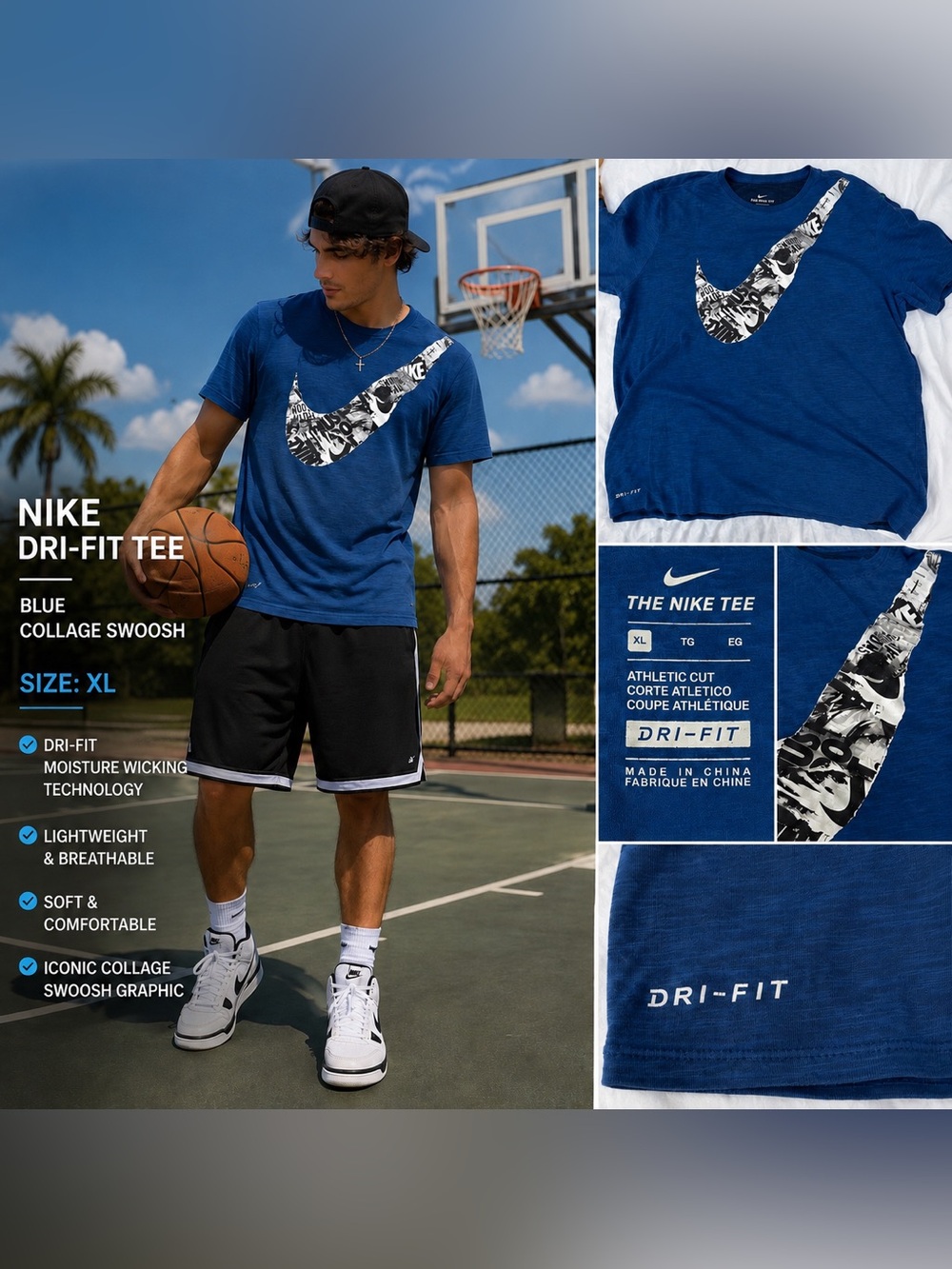 Nike Dri-Fit Blue Collage Swoosh Graphic Tee Men’s XL Athletic Shirt Streetwear